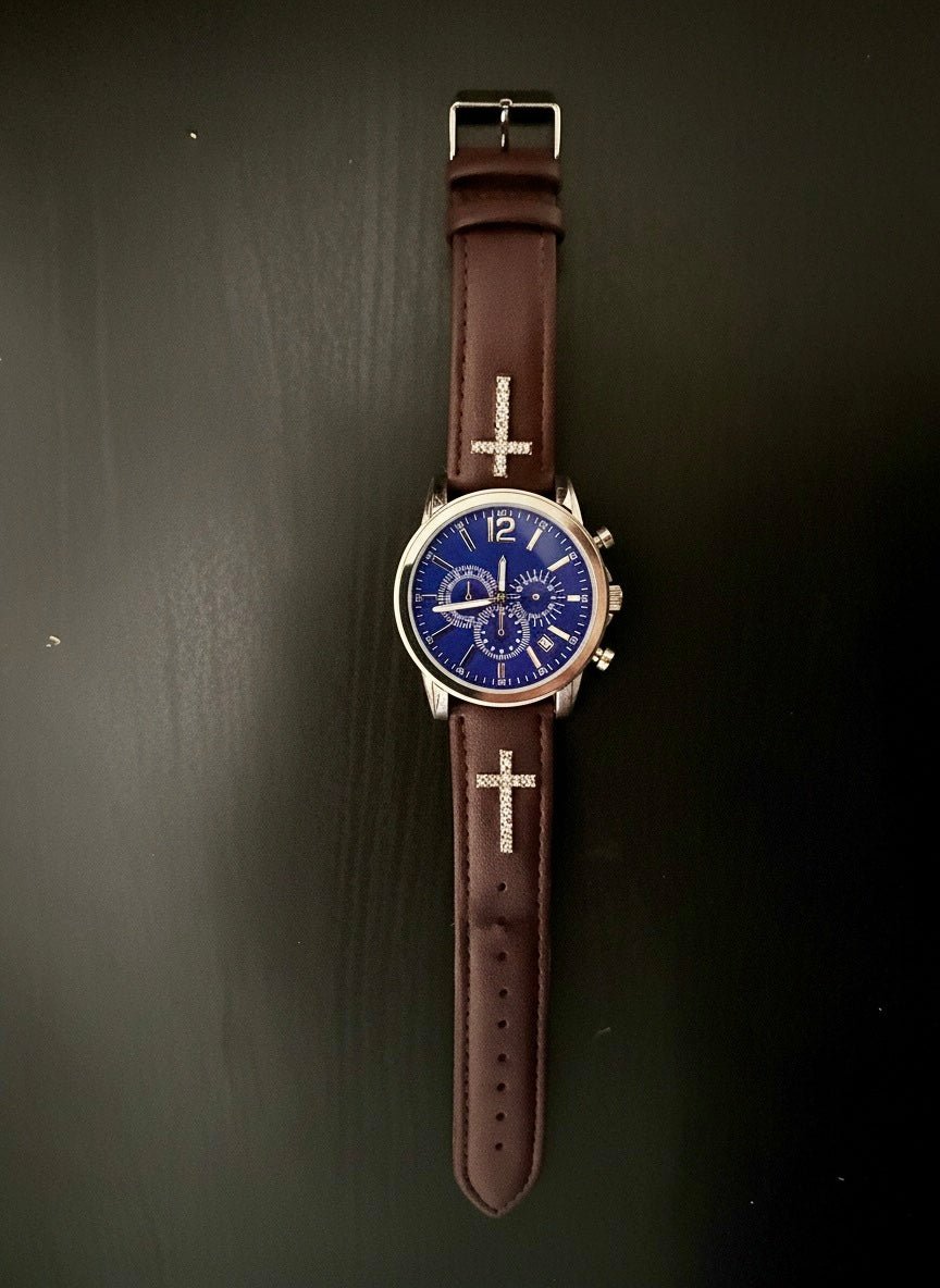 Montre chronographe Minalis cadran bleu bracelet cuir marron croix ornées dorées