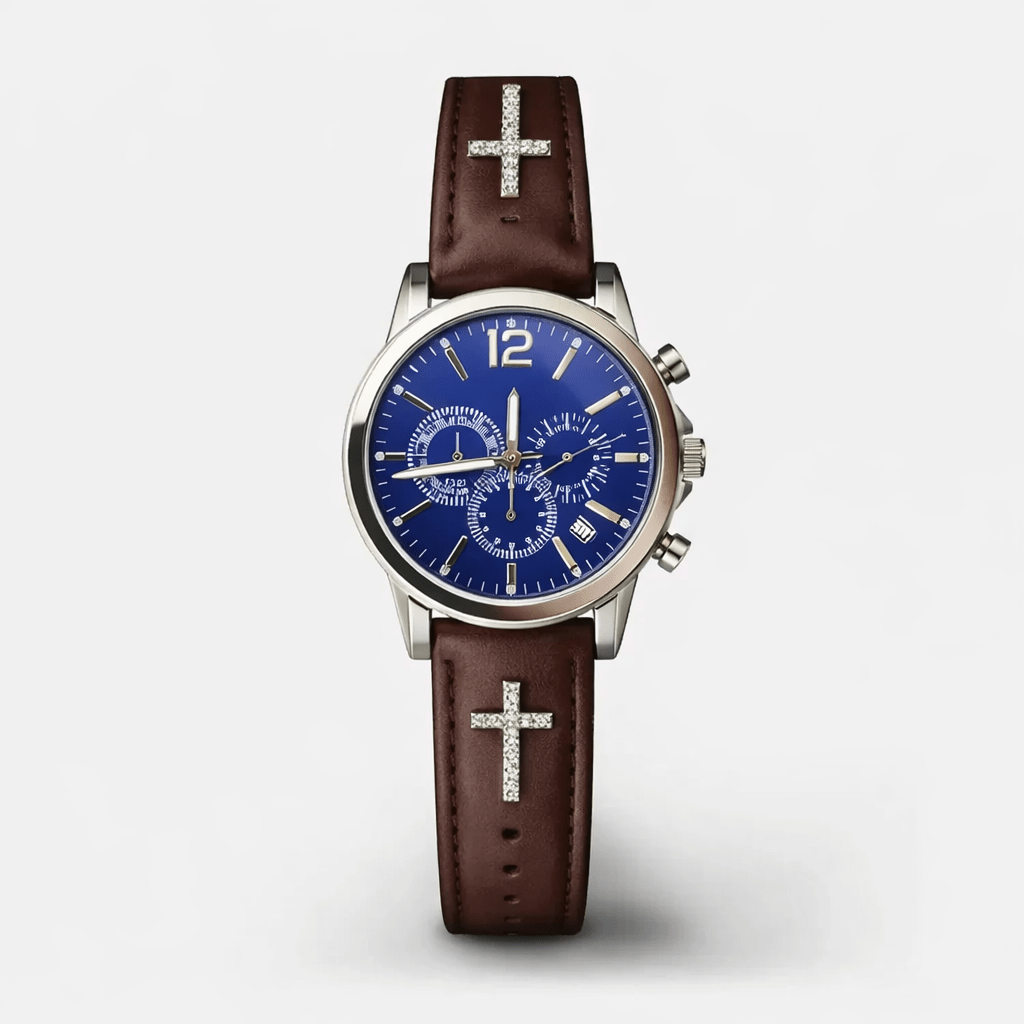 Montre chronographe Minalis cadran bleu bracelet cuir marron croix ornées dorées