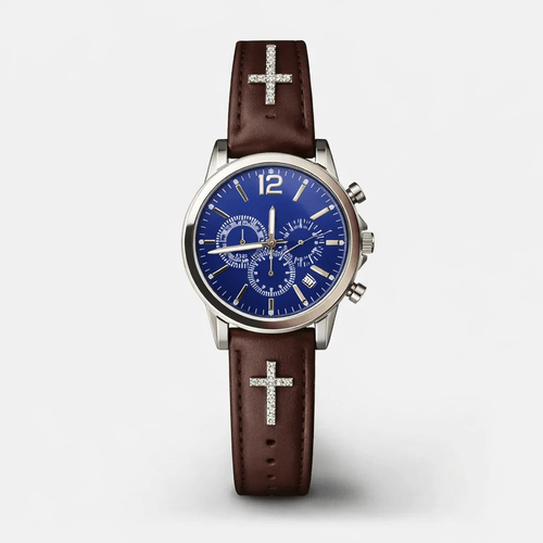 Montre chronographe Minalis cadran bleu bracelet cuir marron croix ornées dorées